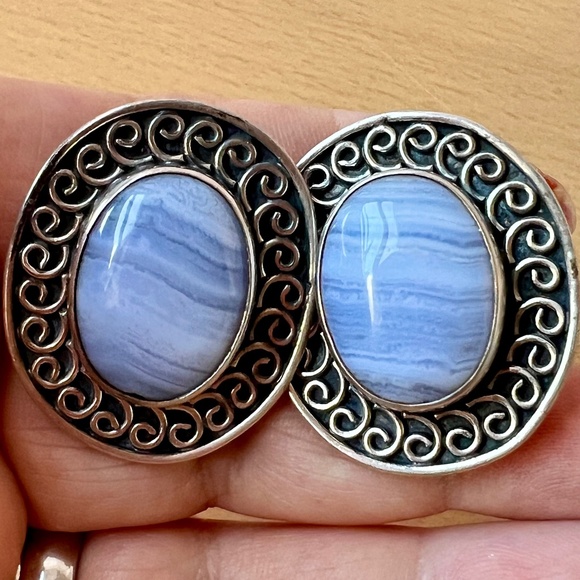 ECHO OF THE DREAMER OVERSIZED BLUE LACE AGATE STERLING SILVER EARRINGS STATEMENT - Picture 4 of 16